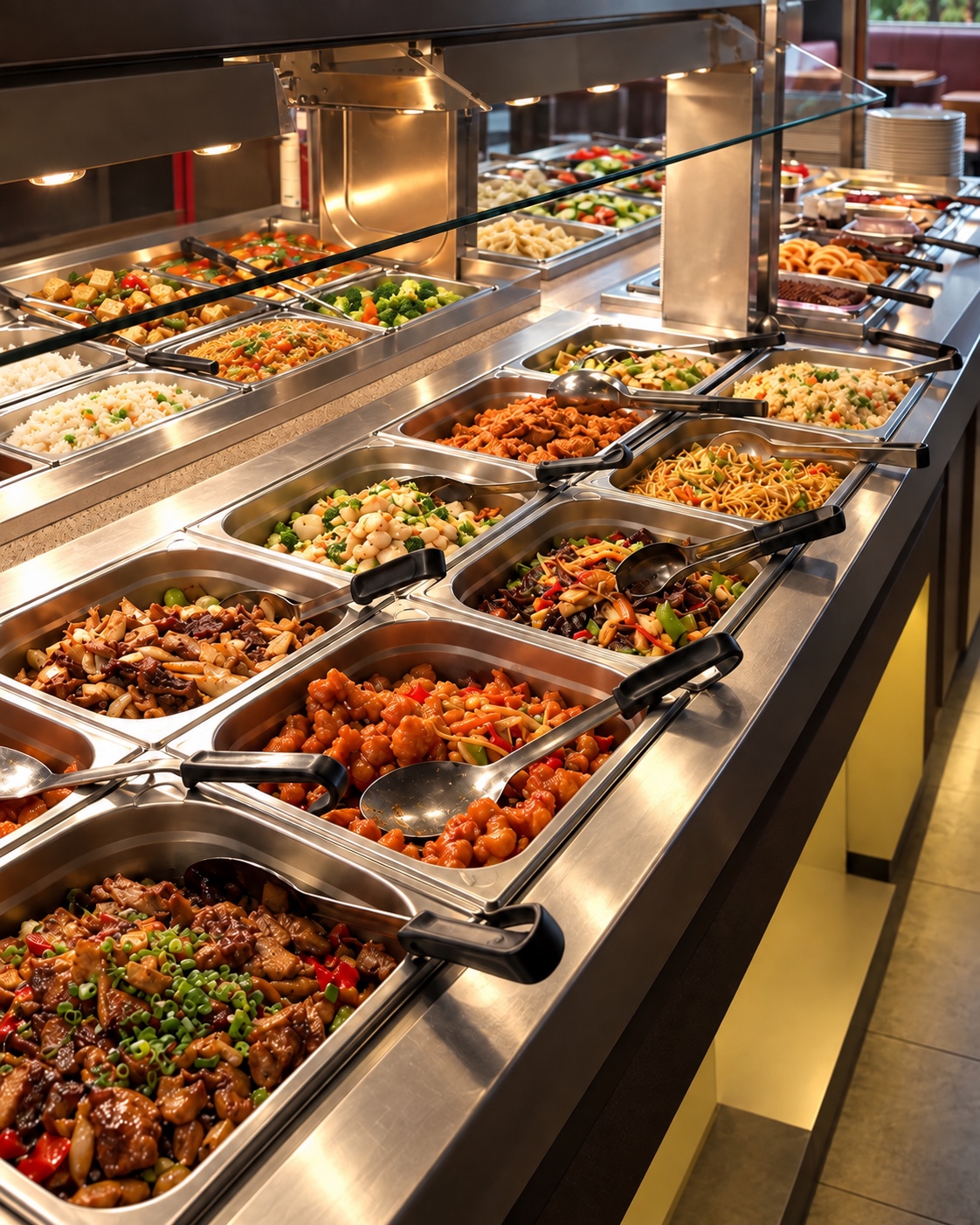 Warme asiatische Gerichte im Mittagsbuffet von Marco Polo